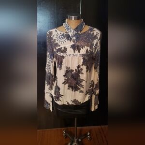 Free People Navy and Cream Floral Blouse